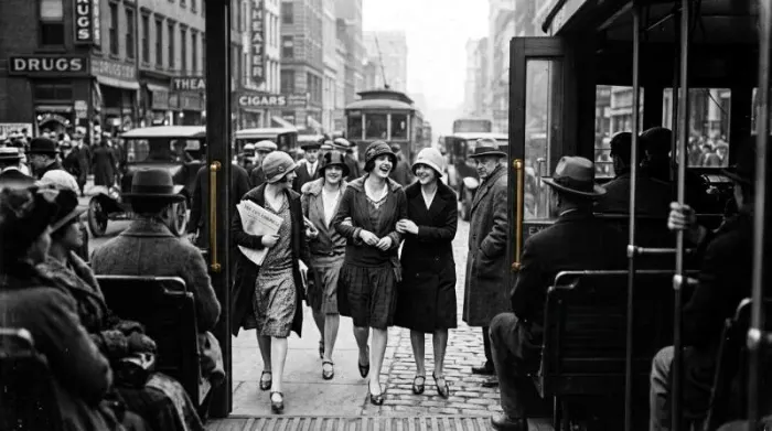 1920s flapper women challenging traditional social norms on an American city street 1920s flapper women challenging traditional social norms on an American city street