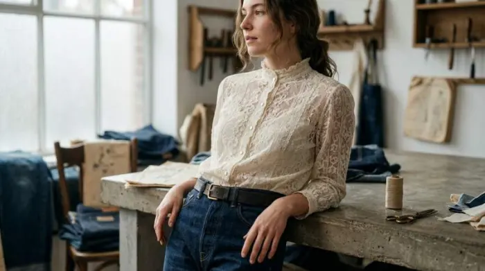 1930s lace blouse paired with rigid high-waisted denim jeans 1930s lace blouse paired with stiff high-waisted denim jeans for a modern vintage look