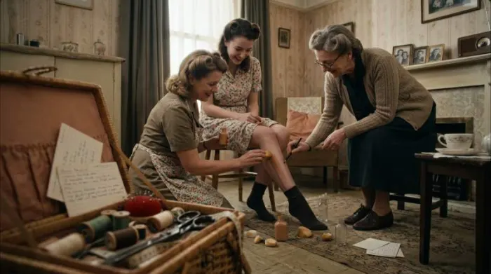 1940s women sharing liquid stocking techniques during wartime nylon rationing 1940s women sharing liquid stocking techniques during wartime nylon rationing