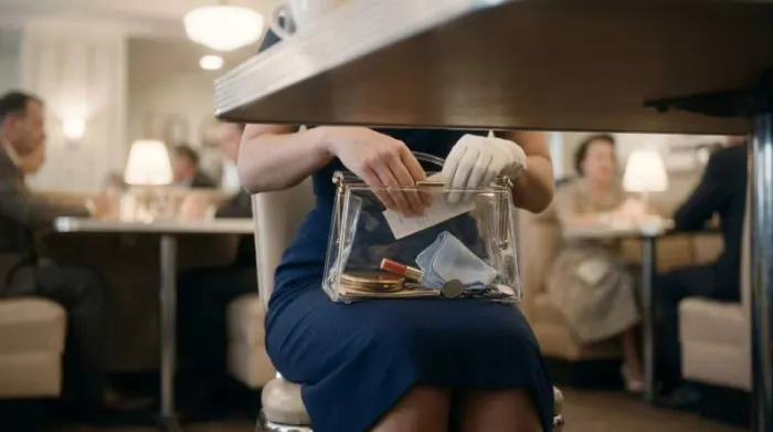 1950s woman carefully organizing a transparent Lucite handbag in public 1950s woman carefully organizing a transparent Lucite handbag in public