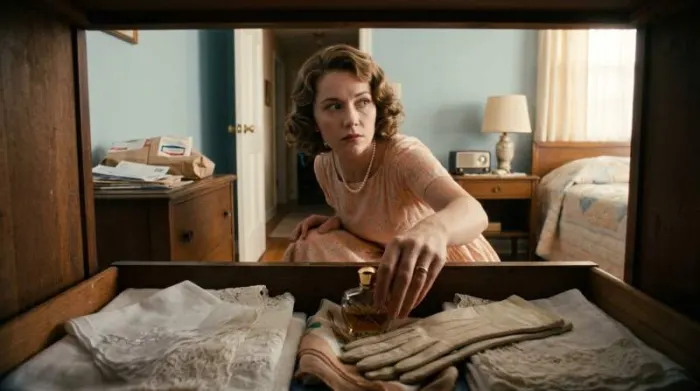 1950s woman discreetly hiding perfume amid postwar expectations of feminine luxury