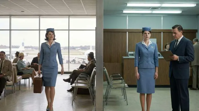 1960s flight attendant balancing independence and strict appearance control in airport setting
