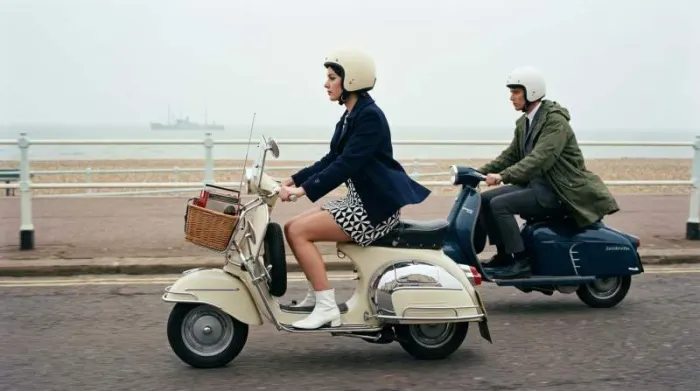 1960s Mods riding scooters with transistor radio by British coast 1960s Mods riding scooters with transistor radio by British coast