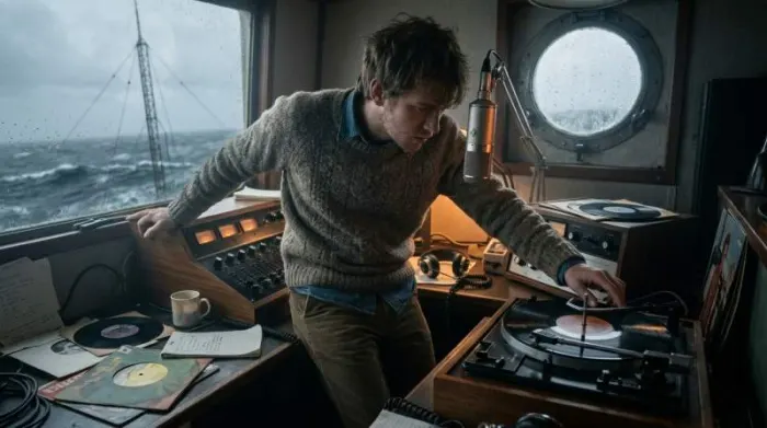 1960s pirate radio DJ broadcasting from ship in international waters 1960s pirate radio DJ broadcasting from ship in international waters