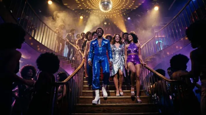 1970s disco dancers wearing sequins, jumpsuits and platform shoes 1970s disco dancers wearing sequins, jumpsuits and platform shoes