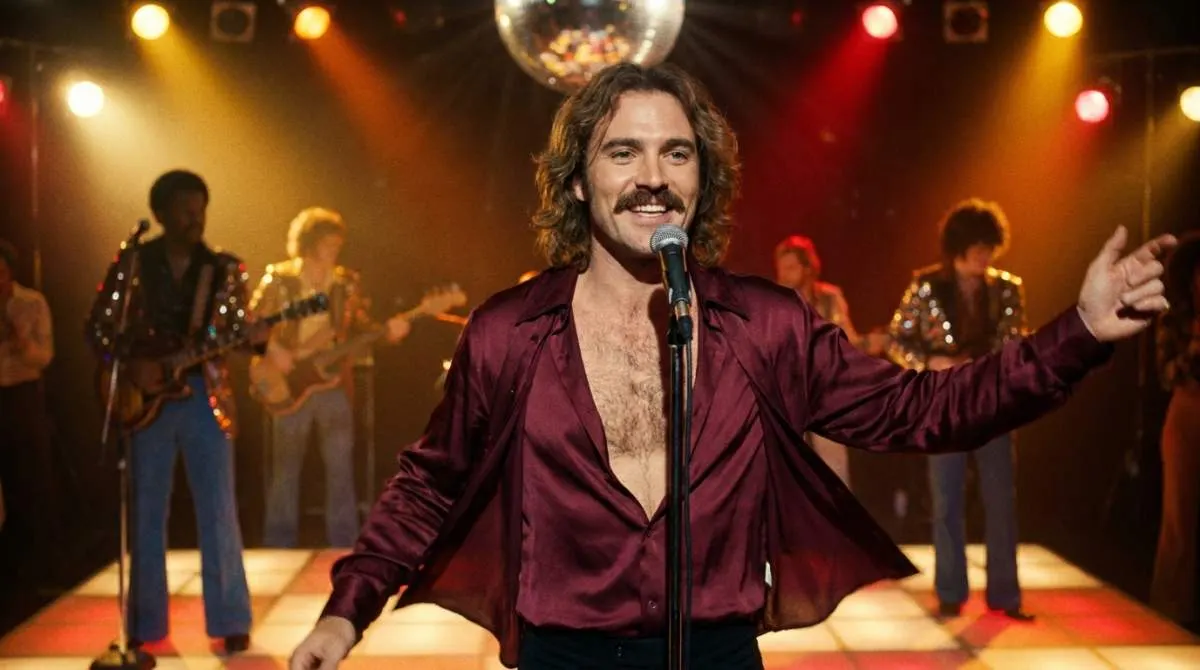 1970s disco performer wearing unbuttoned silk shirt with chest hair symbolizing Bee Gees style and confidence