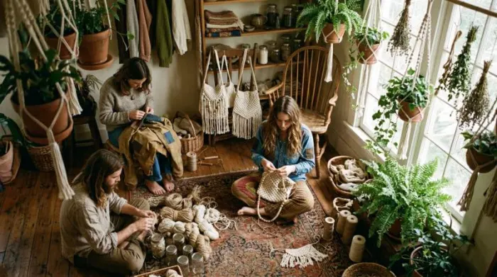 1970s woman hand-knotting a macramé bag as sustainable DIY fashion 1970s woman hand-knotting a macramé bag as sustainable DIY fashion