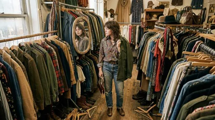 1970s thrift store shopper mixing paisley shirt denim and surplus jacket showing bohemian upcycle fashion freedom