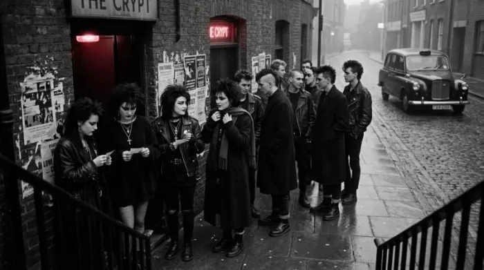 1980s goth fans wearing Siouxsie-inspired eye makeup outside club
