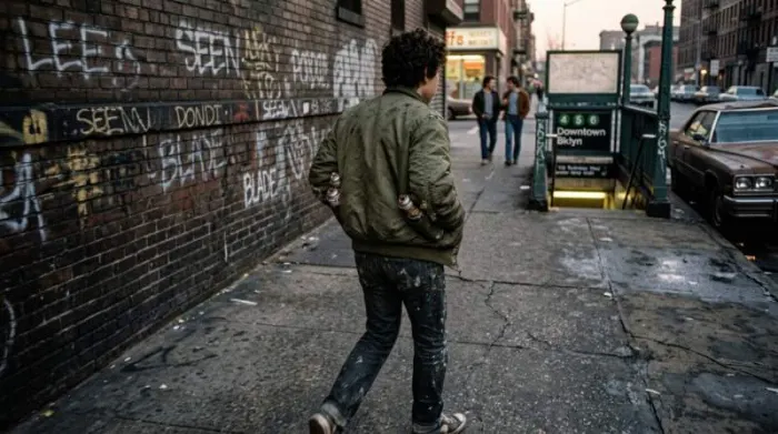 Graffiti writer wearing bomber jacket on 1980s New York street Graffiti writer wearing bomber jacket on 1980s New York street