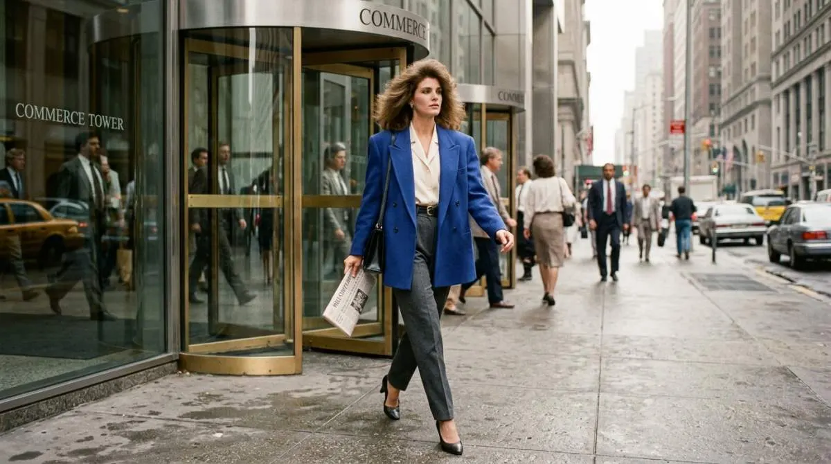 Woman wearing 1980s power blazer with shoulder pads and big hair