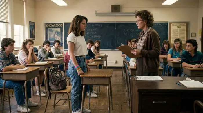 1980s school dress code sign banning crop tops and jelly bracelets during the sex bracelet panic