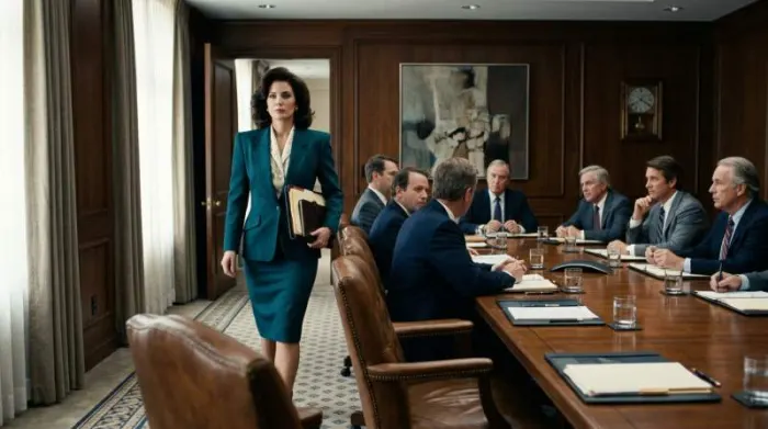 1980s woman wearing a structured power suit with bold shoulder pads 1980s woman wearing a structured power suit with bold shoulder pads