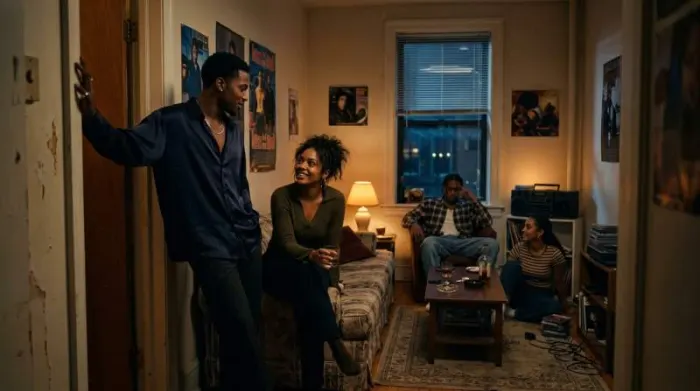 1990s R&B friends relaxing in a late-night apartment gathering 1990s R&B friends relaxing in a late-night apartment gathering