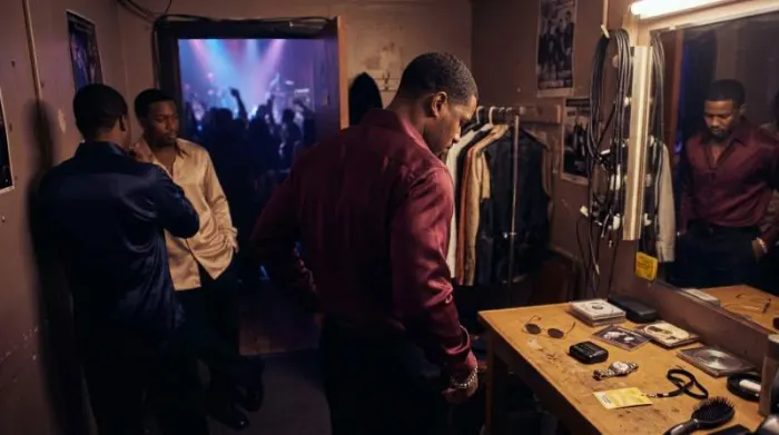 Late-1990s R&B singers wearing satin shirts backstage before performing Late-1990s R&B singers wearing satin shirts backstage before performing