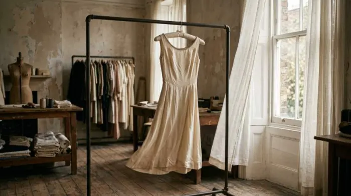 A delicate vintage silk dress hangs on a padded hanger in indirect daylight as fresh air circulates around the fabric A delicate vintage silk dress hangs on a padded hanger in indirect daylight as fresh air circulates around the fabric