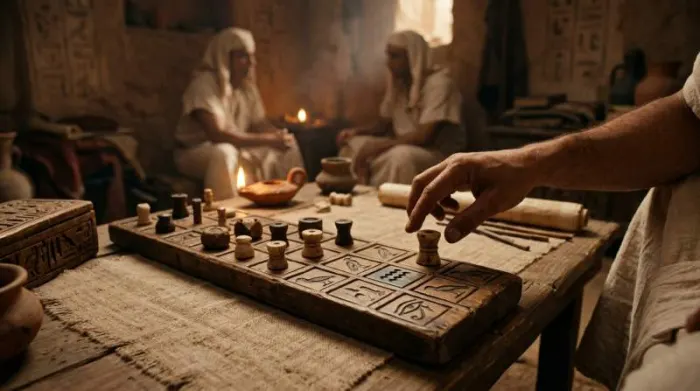 Ancient Senet board showing symbolic squares of spiritual passage Ancient Senet board showing symbolic squares of spiritual passage
