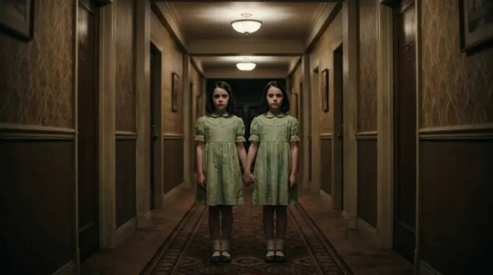 Pale green vintage dresses in eerie hallway showing arsenic green symbolism in horror cinema and toxic beauty themes