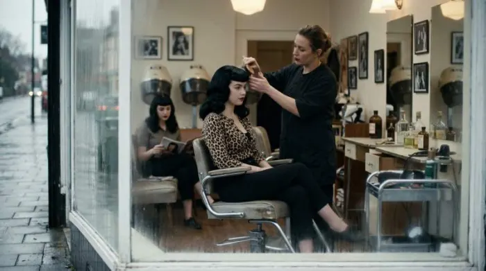 Bettie Page-inspired hairstyle and vintage fashion reflecting her lasting pin-up influence