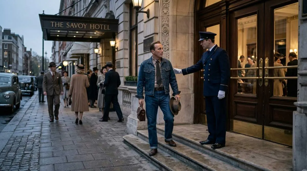 Man in denim refused entry at 1940s luxury hotel showing early stigma around casual clothing and class norms