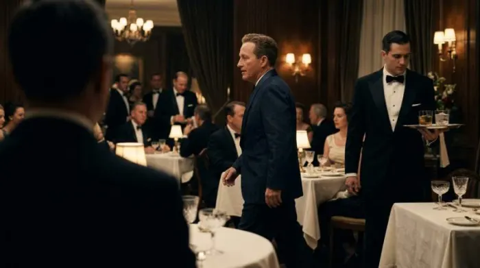 Man wearing hidden button denim tuxedo jacket entering 1950s hotel dining room appearing formal from distance
