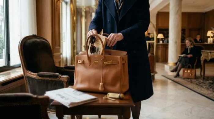 Structured Birkin-style leather bag showing spacious functional design Structured Birkin-style leather bag showing spacious functional design