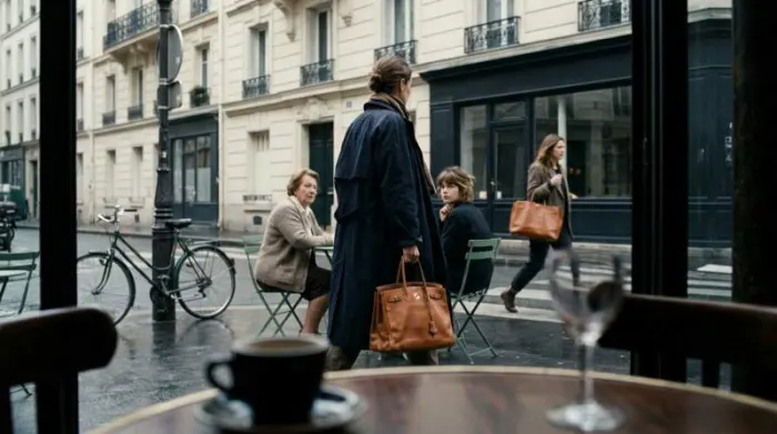 Woman carrying Birkin-style bag on Paris street as others notice it Woman carrying Birkin-style bag on Paris street as others notice it