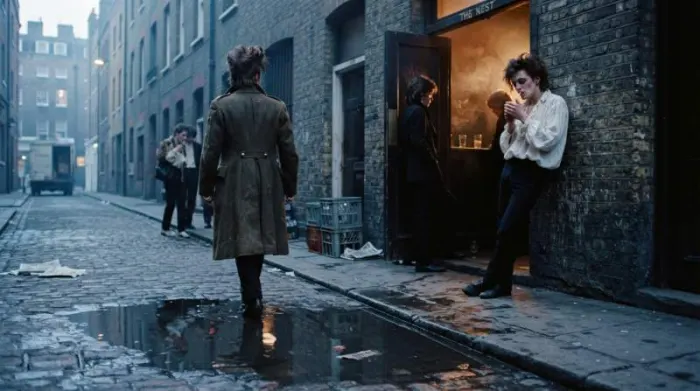 New Romantic clubgoers leave a London club at dawn as the fleeting Blitz scene begins influencing the wider culture of the 1980s.