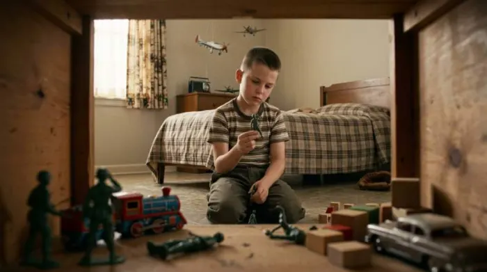 1960s boy playing with rigid soldiers before G.I. Joe 1960s boy playing with rigid soldiers before G.I. Joe