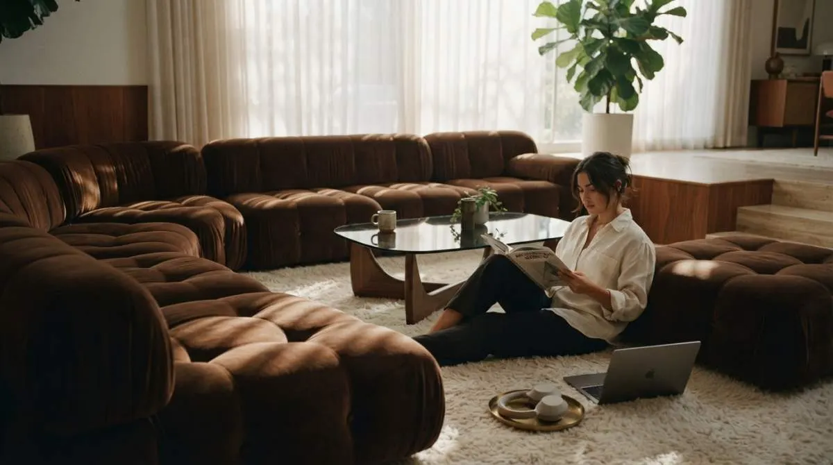 Brown 1970s sofa styled with warm contemporary interiors for the 2026 decor revival