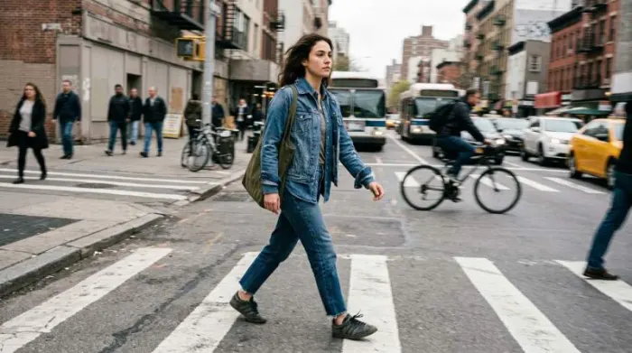 Woman wearing full denim outfit walking in city showing modern Canadian tuxedo streetwear style
