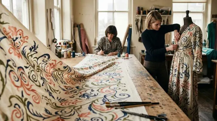 Celia Birtwell and Ossie Clark textile collaboration in 1965 London fashion Celia Birtwell unspools a bolt of silk chiffon with swirling peony and stripe print in a 1969 London studio