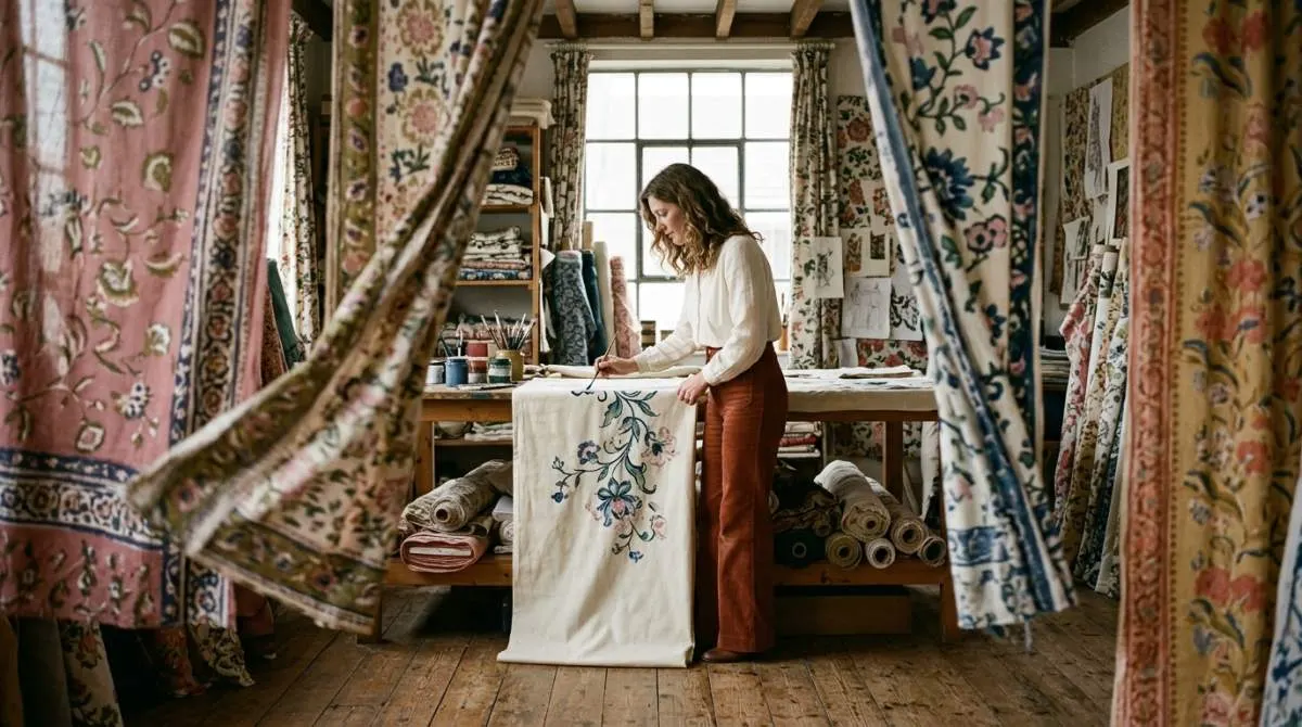 Celia Birtwell-inspired designer creating the distinctive floral prints that defined 1970s fashion