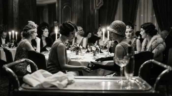1920s Paris society women sharing an early Chanel No. 5 fragrance bottle