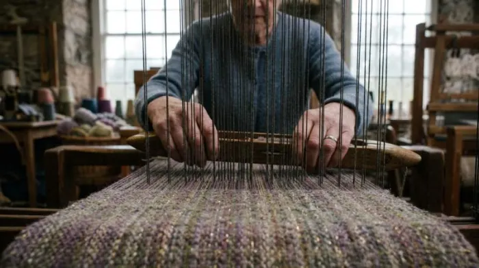 Chanel-inspired tweed woven with wool, silk and metallic threads in Scotland