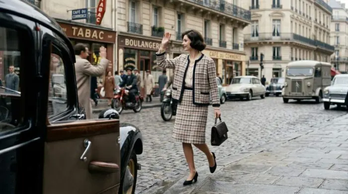 1950s woman wearing a Chanel-inspired tweed suit with relaxed elegant tailoring