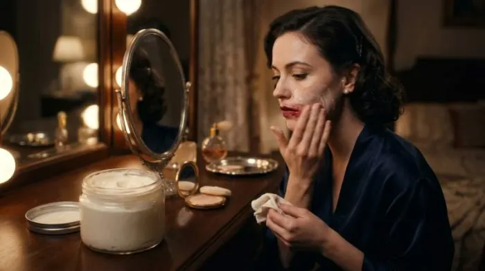 Woman dissolving makeup with cold cream during vintage skincare ritual
