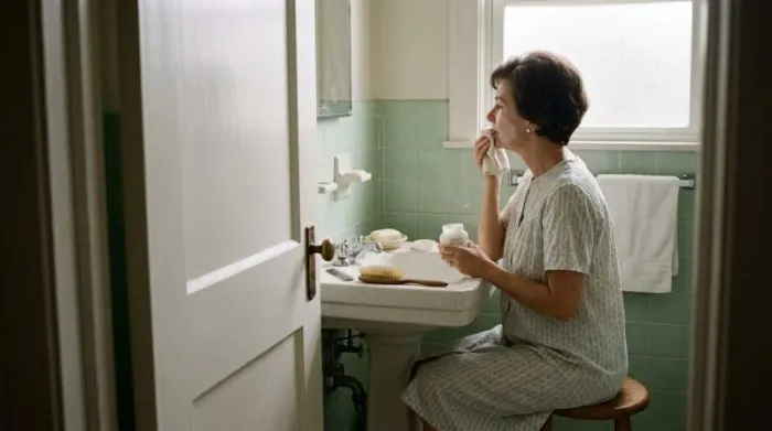 Woman using cold cream in a gentle 1960s skincare routine