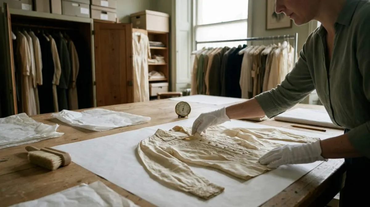 A textile conservator carefully examines a delicate vintage silk blouse before choosing a safe method to remove its musty odor
