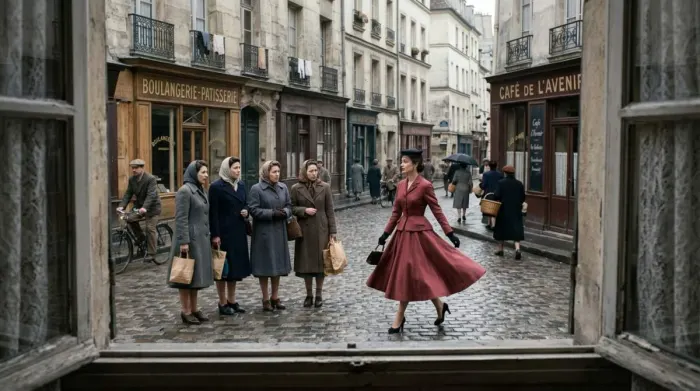 1947 Dior New Look silhouette contrasting with practical wartime fashion in Paris