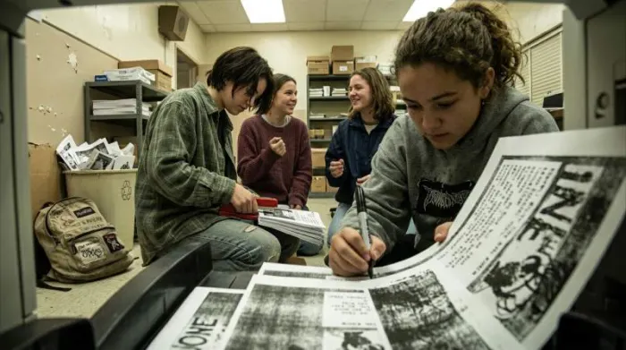 1990s Los Angeles teens creating a DIY Riot Grrrl zine at school 1990s Los Angeles teens creating a DIY Riot Grrrl zine at school