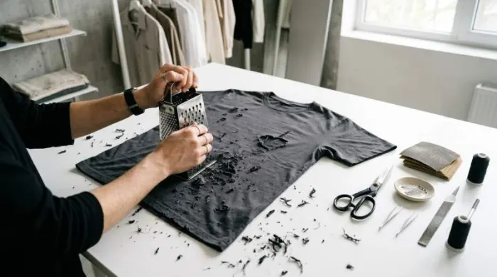 Person distressing new T-shirt with cheese grater to recreate punk fashion look artificially