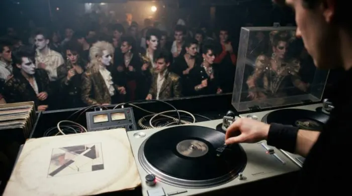 Electronic records spin in a late-1970s London club as extravagant New Romantic fashion fills the dance floor.