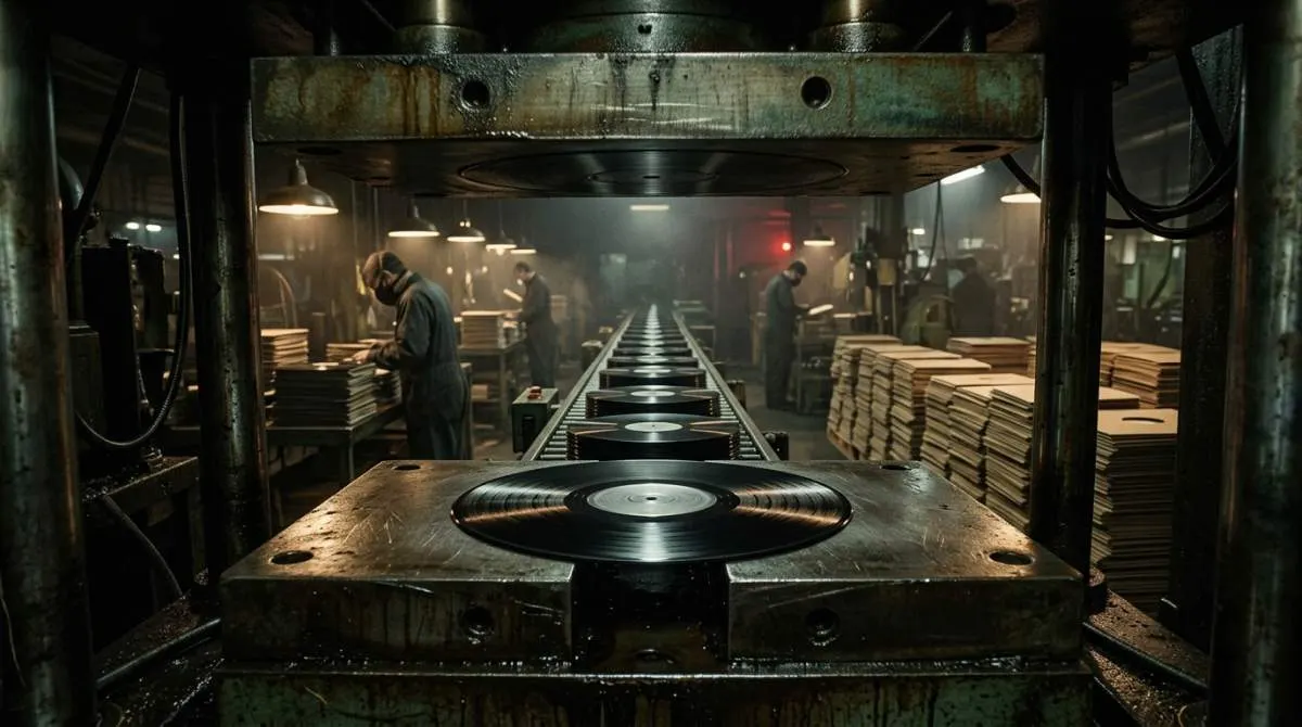 Counterfeit vinyl records moving through a clandestine industrial pressing operation