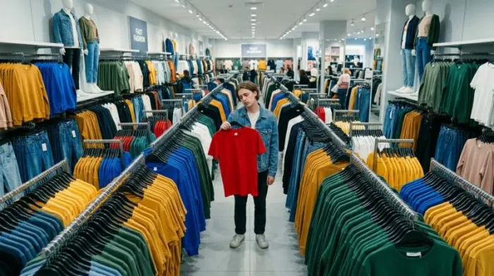 Person browsing through racks of identical fast fashion clothing in a brightly lit store, illustrating aesthetic fatigue from rapid trend cycles