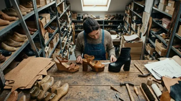 Cork wedge, block heel and platform showing evolution of shoe design Cork wedge, block heel and platform showing evolution of shoe design