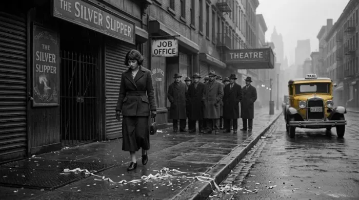 Former flapper in modest 1930s fashion during Great Depression