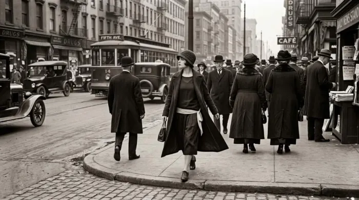 1920s flapper woman walking confidently through New York crowd