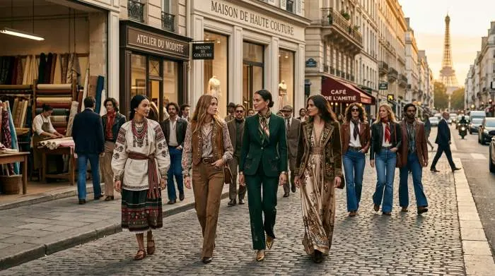 Folk embroidery designs worn on blouses influence modern YSL luxury fashion with intricate patterns