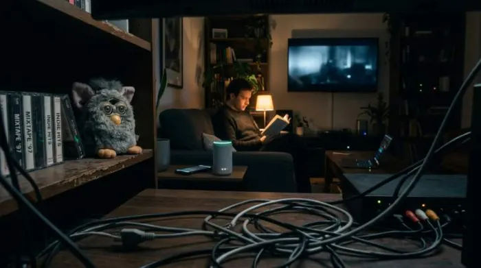 1990s Furby beside modern smart devices in an always-listening connected home